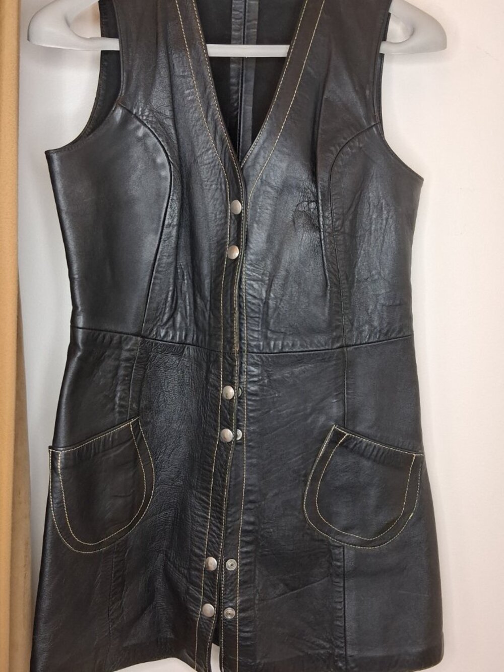 Vintage Black Long Leather Button Vest Size S - Picture 4 of 5